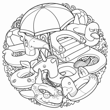 Çizgi filmlerdeki sevimli karalamalar elle çizilmiş şişirilebilir yaşam şamandıraları.