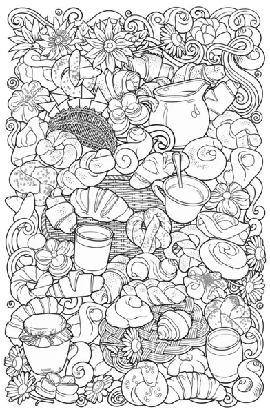 Ilustração de doodles vetoriais desenhados à mão alimentos e bebidas. — Vetor de Stock