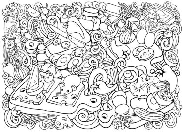 Yemek ve Bulaşık vektörü kabataslak yemek çizimi.