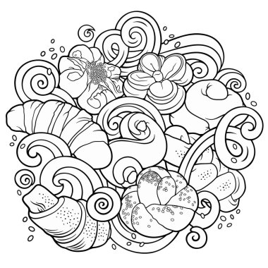 Çörekler ve pastalar el çizimi vektör karalama çizgisi resim çizimi.