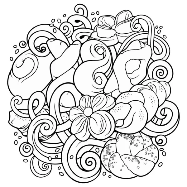 Bułki i ciasta ręcznie rysowane wektor linii doodle art ilustracja. — Wektor stockowy
