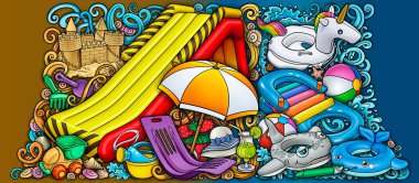 Çizgi filmlerdeki sevimli karalamalar el çizimi yaz plajı çocukları eğlence illüstrasyonları.