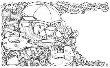 Çizgi filmlerdeki sevimli karalamalar el çizimi yaz plajı çocukları eğlence illüstrasyonları.