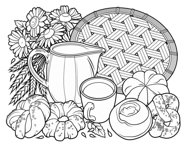 Bułki i mleko, wiklinowa serwetka ręcznie rysowane wektor doodle ilustracja — Wektor stockowy