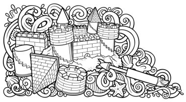 Çizgi filmlerdeki sevimli karalamalar el çizimi yaz plajı çocukları eğlence illüstrasyonları.