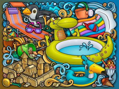 Çizgi filmlerdeki sevimli karalamalar el çizimi yaz plajı çocukları eğlence illüstrasyonları.