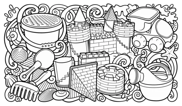 Desenhos animados doodles bonito mão desenhado verão praia crianças entretenimento ilustração. — Vetor de Stock