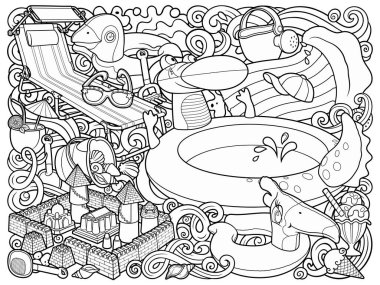 Çizgi filmlerdeki sevimli karalamalar el çizimi yaz plajı çocukları eğlence illüstrasyonları.