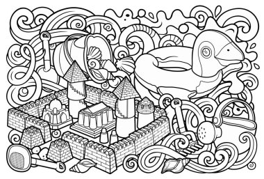 Çizgi filmlerdeki sevimli karalamalar el çizimi yaz plajı çocukları eğlence illüstrasyonları.