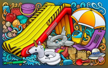 Çizgi filmlerdeki sevimli karalamalar el çizimi yaz plajı çocukları eğlence illüstrasyonları.