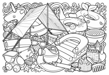 Çizgi filmlerdeki sevimli karalamalar el çizimi yaz plajı çocukları eğlence illüstrasyonları.