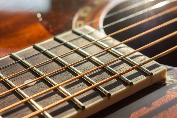 Pescoço Guitarra Cordas Esticadas Trastes Textura Material Natural Pescoço Com — Fotografia de Stock