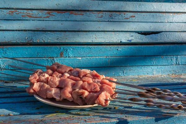 Raw Meat Skewers Plate Rustic Blue Wooden Background Grilling — Stockfoto