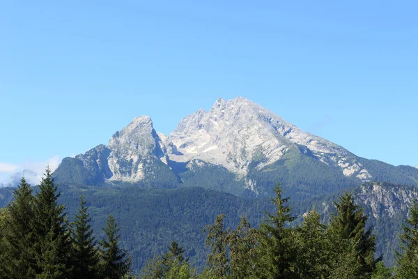 Vista Panorâmica Com Montanha Alpina Watzmann Céu Azul Berchtesgaden Alemanha — Fotografia de Stock