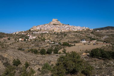 The medieval city of Morella with its walls and the castle on top of the mountain, Morella, Castellon, Spain