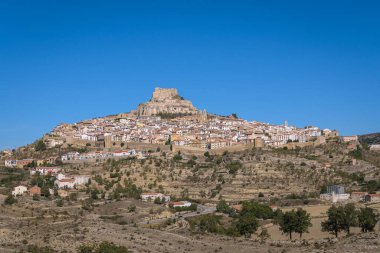 The medieval city of Morella with its walls and the castle on top of the mountain, Morella, Castellon, Spain