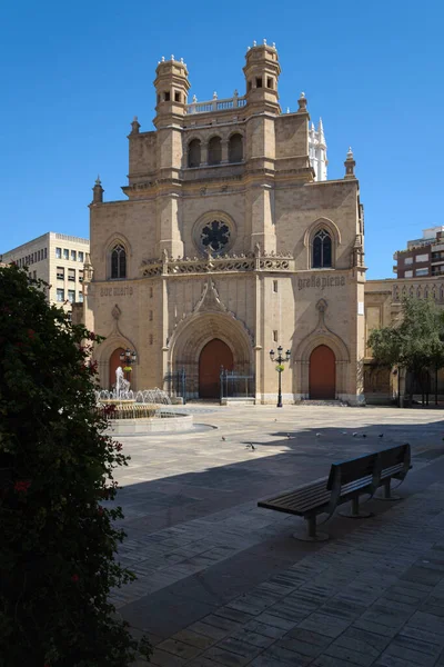 Main square of Castellon de la Plana with the Co-Cathedral of Santa Maria in the background, a fountain in the middle of the square and some ornamental plants and a bench in the foreground, Spain