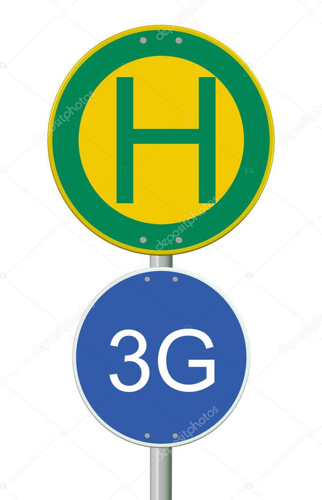 Stop sign, Bus stop and sign reading 3G, 3D illustration