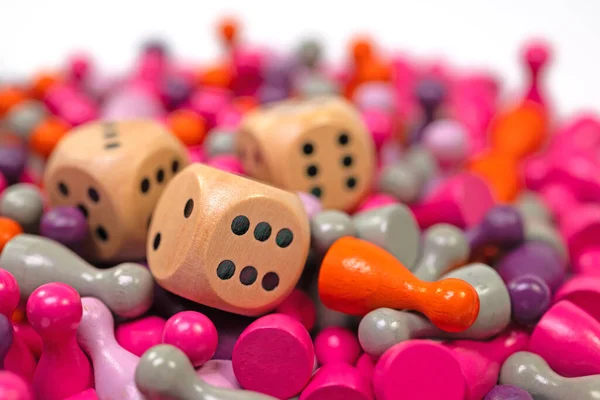 Lots Colorful Game Pieces Dice Board Games — Stock Photo, Image