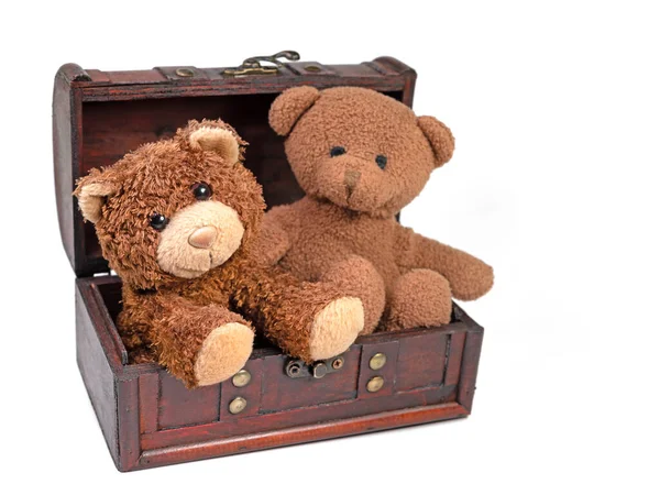 两只泰迪熊在木箱里 — 图库照片