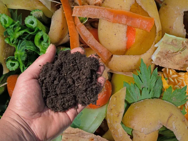 Mano Con Tierra Vegetal Residuos Biológicos — Foto de Stock