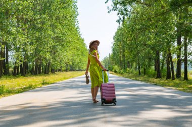 Bir turist yol boyunca bavuluyla yürür. Yüksek kalite fotoğraf