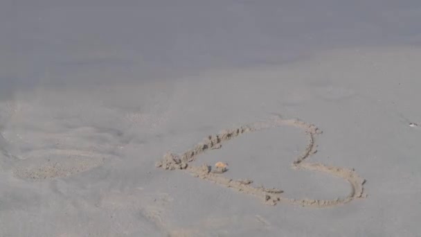 Passing feet of people on the beach painted heart sand — Stock Video