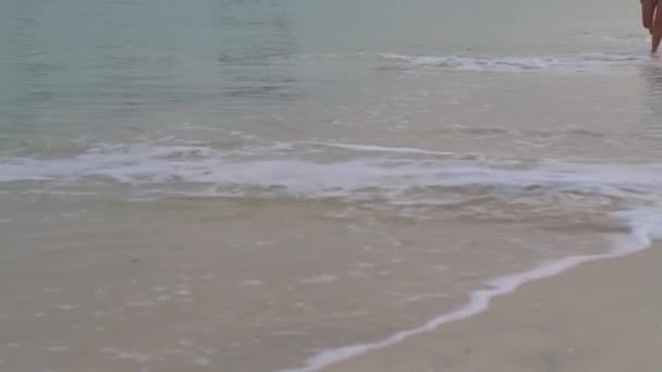 Вид движущихся ног вдоль берега, крупным планом — стоковое видео