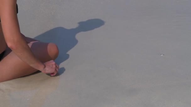 Na plaży jedna dziewczyna rysuje serce na piasku — Wideo stockowe
