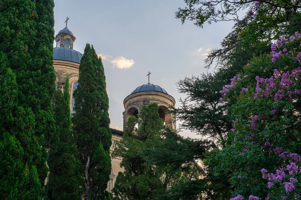 A través del follaje de los árboles se puede ver la cúpula del templo en Georgia — Foto de Stock
