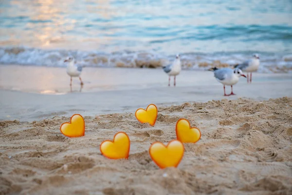 Uccelli e cuori gialli nella sabbia stanno sul mare — Foto Stock