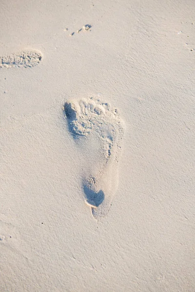 Footprint on sandy beach in summer morning — Stock Photo, Image