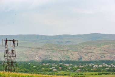 Elektrik direkleri Gürcistan 'ın güzel tarlaları boyunca uzanıyor.