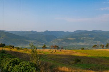 Gürcistan 'da yazın geniş yeşil tarlalar ve dağlar