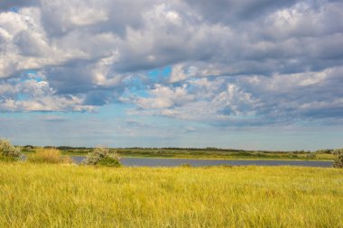 green steppe with clouds and blue sky in Kazakhstan. High quality photo
