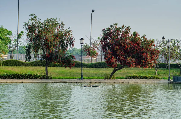 Gölün kıyısından sakin ve güzel bir manzara.