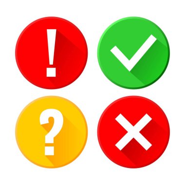 Vektör kontrol işareti ünlem işareti, soru işareti simgeleri ayarlandı. Web ve mobil uygulamalar için düz simgeler.