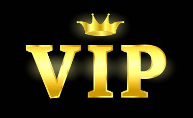 VIP kulüp üyeleri için rozet. Vip etiketi, rozet ya da etiket. Altından VIP mesajı olan siyah taşıyıcı pankart. Vektör illüstrasyonu, altın rengi