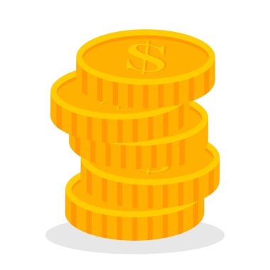 Altın sikkeler konsept resimleme düz stil. Parlak parıltılı altın hazineleri, altın paralar birikim ve kar payı yığınları.