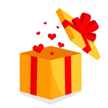 Kırmızı kalpli hediye kutusu. Sarı hediye kutusu beyaza izole edilmiş. Sürpriz kırmızı hediye kutusu, doğum günü kutlaması, özel hediye paketi, sadakat programı ödülü, mucize hediye.