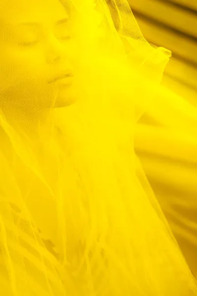 Groot Portret Van Een Meisje Door Een Sluier Het Geel — Stockfoto