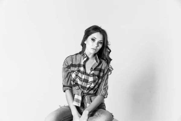 Girl Plaid Shirt Jeans Sits White Cube White Background Black — Stock Photo, Image