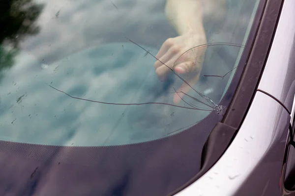 Cracked Front Windshield Stone Chip Road Driver Points Out Place — Stock Photo, Image