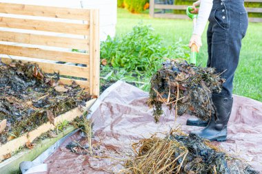 A gardener wearing plastic boots and overalls is turning a compost pile using a shovel or fork. the worker transfers partially composted material from heap onto tarp for aeration. clipart