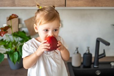 Sarışın bebek mutfakta elma yiyor. Çocuklar için sağlıklı yiyecek kavramı.