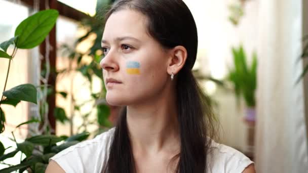 Portrait de jeune fille russo-ukrainienne avec le drapeau de l'Ukraine et de la Russie sur son visage. Le concept de participation du peuple ukrainien à la guerre contre la Russie. Pas concept de guerre — Video