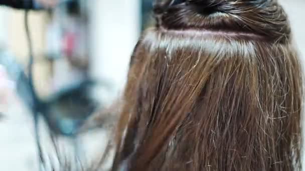 トリートメント後のヘアドライヤー女性のお客様と乾燥サロンでのヘアスタイルプロセス — ストック動画