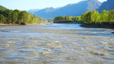 Altay manzarası, Katun dağı ve bahar zamanı yeşil kayalar, Sibirya, Altai Cumhuriyeti