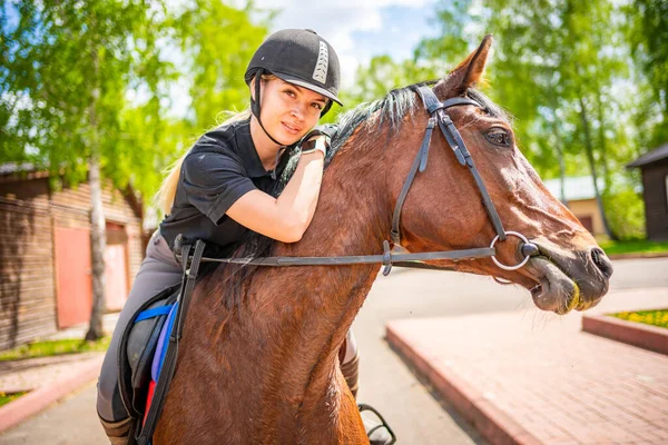 Lovely Young Woman Wearing Helmet Riding Her Brown Horse High — Stockfoto
