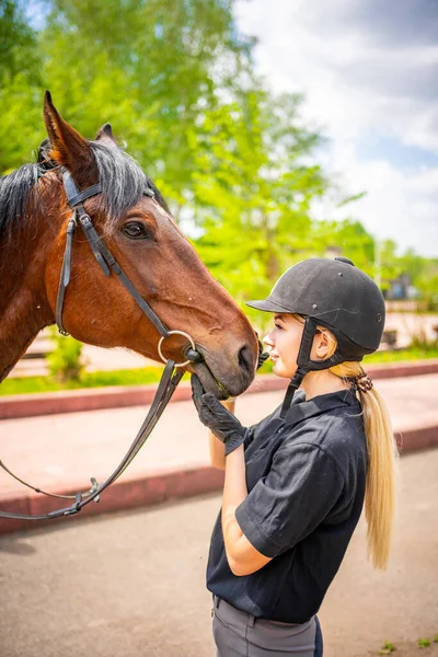 Милая Молодая Женщина Шлеме Гладит Свою Коричневую Лошадь Высокое Качество — стоковое фото